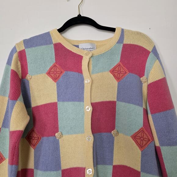 Vintage Pastel Checkered Cardigan Sweater Women L Fairy Embroidered Boho Cottage - Picture 2 of 9